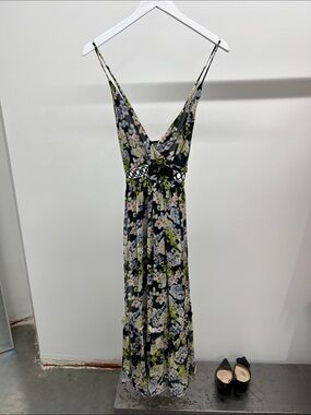 Marissa Webb 100% Silk Black Floral V-Neck Maxi Dress